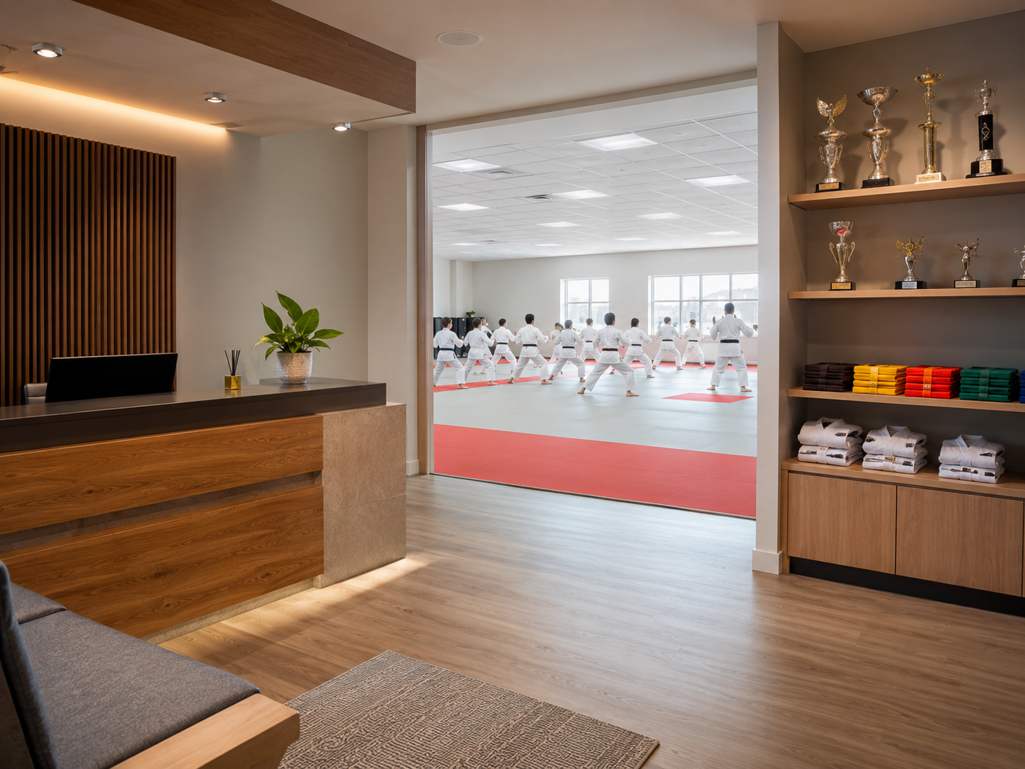 Modern karate dojo reception and training space
