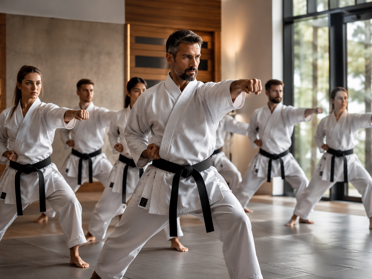 Adult karate class practicing powerful forms in a modern dojo