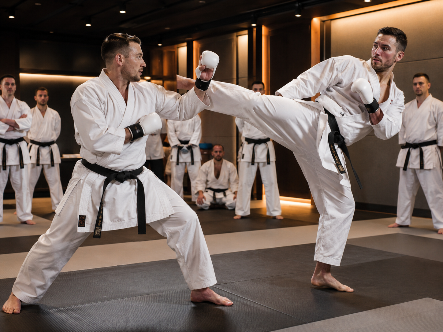 Karate sparring session with advanced adult students in a dojo